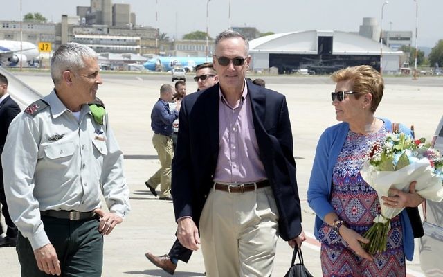 US Military Chief of Staff General Joseph Dunford, center, and his wife Ellyn, right, are met at Ben Gurion International Airport by the Israel's military attache to the United States, Maj. Gen. Mickey Edelstein, left, on May 8, 2017. (US Embassy/Twitter) US Military Chief of Staff General Joseph Dunford, center, and his wife Ellyn, right, are met at Ben Gurion International Airport by the Israel's military attache to the United States, Maj. Gen. Mickey Edelstein, left, on May 8, 2017. (US Embassy/Twitter)