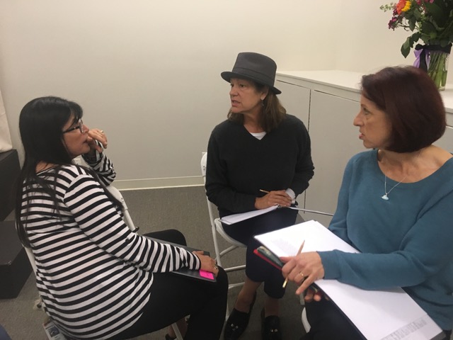 Co-director Eve Brandstein, artistic director Ronda Spinak, and co-director Susan Morgenstern hard at work during rehearsal of 'More Courage.' (Courtesy JWT) Co-director Eve Brandstein, artistic director Ronda Spinak, and co-director Susan Morgenstern hard at work during rehearsal of 'More Courage.' (Courtesy JWT)
