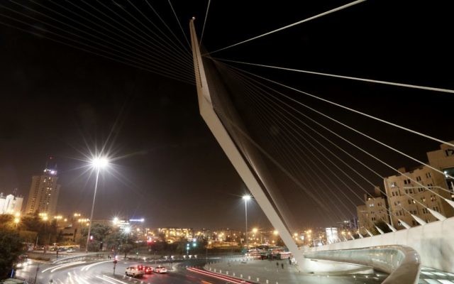 Night view of the Chords bridge at the entrance to Jerusalem, November 20, 2013. (Miriam Alster/Flash 90/file) Night view of the Chords bridge at the entrance to Jerusalem, November 20, 2013. (Miriam Alster/Flash 90/file)