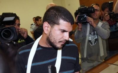 Manny Dabush, found guilty of involvement in the murder of 19-year-old Iftach Grady outside a Raanana nightclub seen as he arrives to the Magistrates Court in Petah Tikva on April 22, 2014. (Flash90) 