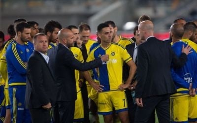 Illustrative image of Maccabi Tel Aviv soccer players on May 24, 2016. (Yonatan Sindel/Flash90) 