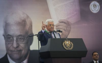 Palestinian Authority President Mahmoud Abbas speaking during a rally marking the 12th anniversary of the death of late Palestinian leader Yasser Arafat in the West Bank city of Ramallah, November 10, 2016. (Flash90)