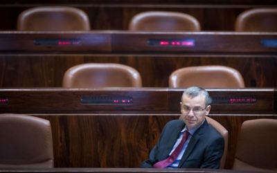 Israeli Minister of Tourism Yariv Levin seen at the Israeli parliament during a vote on a law changing the structure of the new Israel Broadcast Corporation news division, at the assembly hall of the Israeli parliament, April 25, 2017. (Yonatan Sindel/Flash90)