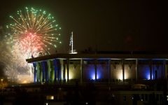 Fireworks from the Mount Herzl ceremony seen over the Knesset in Jerusalem, marking the beginning of celebrations of Israeli 69th Independence Day, on May 1, 2017. (Yonatan Sindel/Flash90)