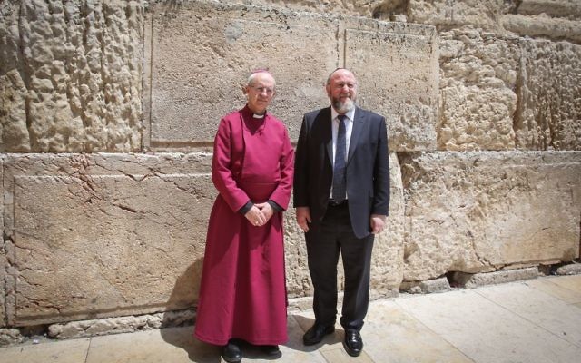The Archbishop of Cantebury Justin Welby (l) and the British Chief Rabbi Ephraim Mirvis, visit the Western Wall, Judaism's holiest site, in Jerusalem's Old City, on May 3, 2017. (Yonatan Sindel/Flash90) The Archbishop of Cantebury Justin Welby (l) and the British Chief Rabbi Ephraim Mirvis, visit the Western Wall, Judaism's holiest site, in Jerusalem's Old City, on May 3, 2017. (Yonatan Sindel/Flash90)