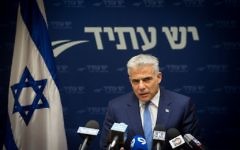 Yesh Atid party leader Yair Lapid leads a faction meeting in the Knesset on May 8, 2017. (Miriam Alster/FLASH90)