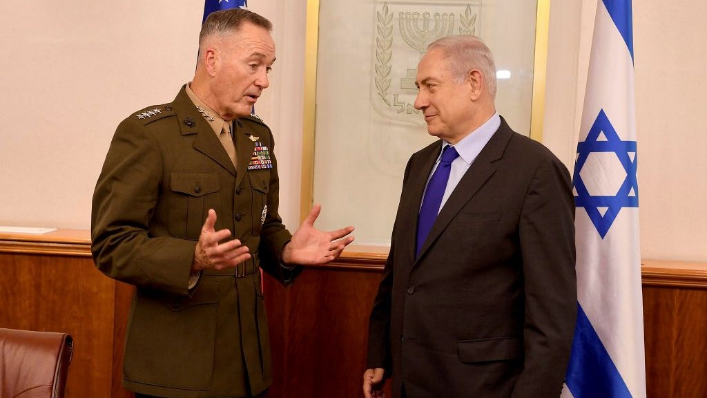 Chairman of the US Joint Chiefs of Staff General Joseph Dunford meets with Prime Minister Benjamin Netanyahu at the Prime Minister's Office in Jerusalem, on May 9, 2017. (Matty Stern/US Embassy in Tel Aviv) Chairman of the US Joint Chiefs of Staff General Joseph Dunford meets with Prime Minister Benjamin Netanyahu at the Prime Minister's Office in Jerusalem, on May 9, 2017. (Matty Stern/US Embassy in Tel Aviv)