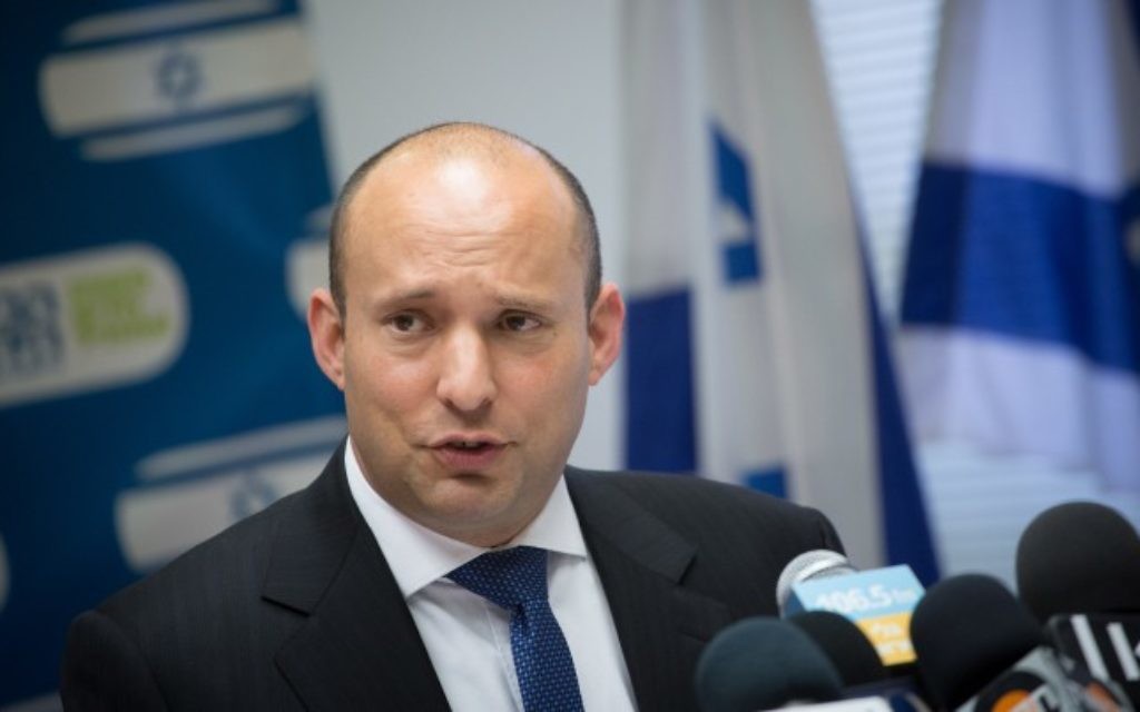 Jewish Home chairman Naftali Bennett, speaks during a party faction meeting at the Knesset, on May 15, 2017. (Miriam Alster/Flash90)
