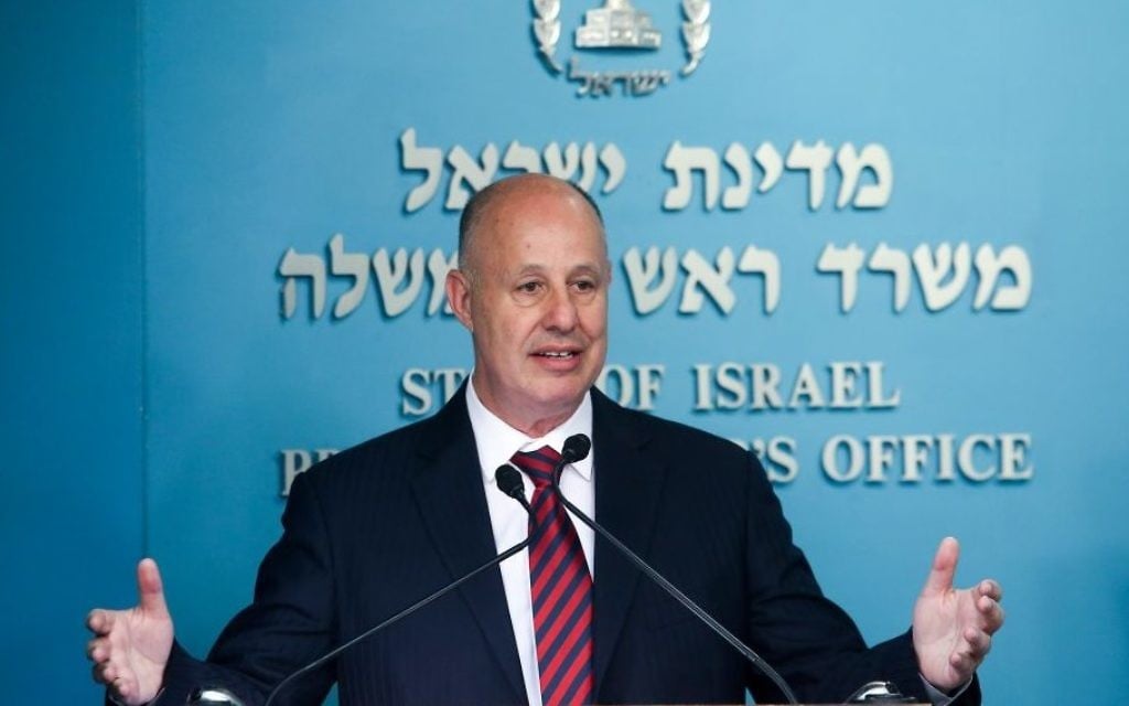Former interim communications minister Tzachi Hanegbi speaks at a stamp issuance for Etzel fighters at the Prime Minister Office in Jerusalem on May 17, 2017. (Marc Israel Sellem/POOL)