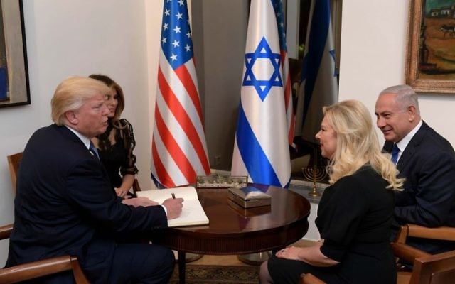 Prime Minister Benjamin Netanyahu, right, and his wife Sara, second right, host US president Donald Trump, left, and his wife Melania at the Prime Minister's Residence in Jerusalem, May 22, 2017. (Avi Ohayon/GPO) Prime Minister Benjamin Netanyahu, right, and his wife Sara, second right, host US president Donald Trump, left, and his wife Melania at the Prime Minister's Residence in Jerusalem, May 22, 2017. (Avi Ohayon/GPO)