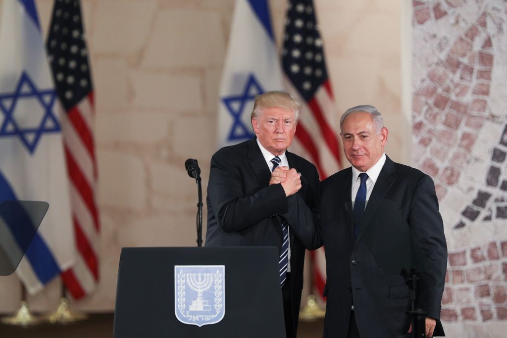 US president Donald Trump and Israeli Prime Minister Benjamin Netanyahu shake hands after giving final remarks at the Israel Museum in Jerusalem before Trump departure, on May 23, 2017. (Yonatan Sindel/Flash90) US president Donald Trump and Israeli Prime Minister Benjamin Netanyahu shake hands after giving final remarks at the Israel Museum in Jerusalem before Trump departure, on May 23, 2017. (Yonatan Sindel/Flash90)