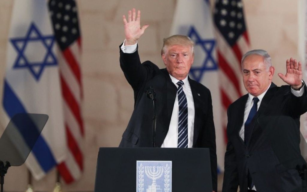 US President Donald Trump (left) and Prime Minister Benjamin Netanyahu wave at the audience after giving final remarks at the Israel Museum in Jerusalem, on May 23, 2017. (Yonatan Sindel/Flash90) US President Donald Trump (left) and Prime Minister Benjamin Netanyahu wave at the audience after giving final remarks at the Israel Museum in Jerusalem, on May 23, 2017. (Yonatan Sindel/Flash90)