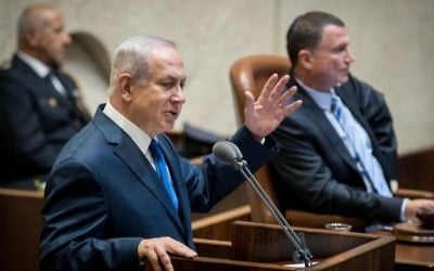 Prime Minister Benjamin Netanyahu speaks at a ceremony marking the 50th anniversary of Jerusalem's reunification and the 1967 War, in the Israeli parliament on May 24, 2017. (Yonatan Sindel/Flash90)