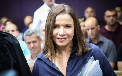 Zionist Union MK Shelly Yachimovich arrives to the Tel Aviv District Court for her appeal asking to stop the vote counting process, claiming ballot tampering in the elections to the head of the Histadrut labor union, May 25, 2017. (Flash90)