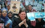 Fadwa Barghouti, wife of hunger strike leader Marwan (c) celebrate with other Palestinian women  in the West Bank city of Ramallah after Palestinian prisoners ended a hunger strike May 27, 2017. (Flash90)