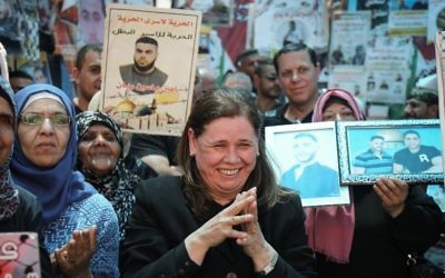 Fadwa Barghouti, wife of hunger strike leader Marwan (c) celebrate with other Palestinian women  in the West Bank city of Ramallah after Palestinian prisoners ended a hunger strike May 27, 2017. (Flash90)