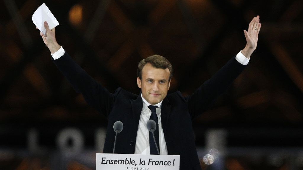 French President-elect Emmanuel Macron gestures during a victory celebration outside the Louvre museum in Paris, France, on Sunday, May 7, 2017. (AP Photo/Thibault Camus) French President-elect Emmanuel Macron gestures during a victory celebration outside the Louvre museum in Paris, France, on Sunday, May 7, 2017. (AP Photo/Thibault Camus)