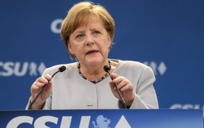German Chancellor Angela Merkel delivers a speech during an election campaign of her Christian Democratic Union, CDU, and the Christian Social Union, CSU, in Munich, southern Germany, Sunday, May 28, 2017. (Matthias Balk/dpa via AP)