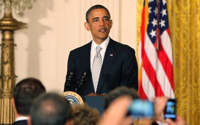 File photo showing then-President Barack Obama at a reception in the East Room of the White House in honor of Jewish American Heritage Month, May 17, 2011 (Dennis Brack/Pool/Getty Images)
