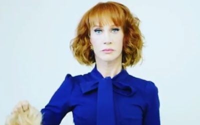 Screenshot from a clip published on Kathy Griffin's social media profiles showing her holding a bloodied, severed head of Trump's likeness. (Screenshot)