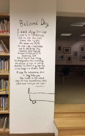 Maira Kalman and one of her texts, this one explaining her relationship with her dog, Pete (Jessica Steinberg/Times of Israel)