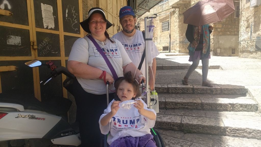 Trump supporters Leah and David Weissman with their daughter, Arayl, 9, had hoped to see Trump and shake his hand in the Old City on May 22, 2017, but turned back due to heavy security. (Melanie Lidman/Times of Israel)