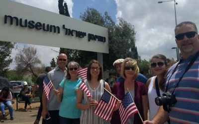 Illustrative: Trump supporters from Missouri and Texas outside the Israel Museum waiting for a glimpse of the Trump motorcade on May 22, 2017. (Melanie Lidman/Times of Israel)