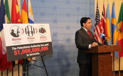 Israeli Ambassador to the UN Danny Danon presenting information about payments to Palestinian terrorists, outside the Security Council, May 11, 2017. (Courtesy)