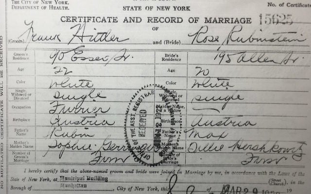 Frank and Rose Hittler’s marriage certificate (NYC Municipal Archives via JTA)