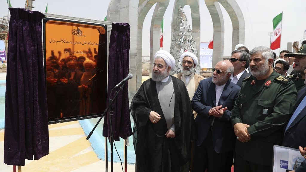 Iranian President Hassan Rouhani inaugurates a new gas refinery in Bandar Abbas, Iran, on April 30, 2017. (Iranian Presidency Office via AP) Iranian President Hassan Rouhani inaugurates a new gas refinery in Bandar Abbas, Iran, on April 30, 2017. (Iranian Presidency Office via AP)