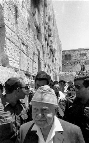 Then Prime Minister David Ben Gurion visits the Western Wall, June 11, 1967. (From the collection of Dan Hadani, National Library of Israel).