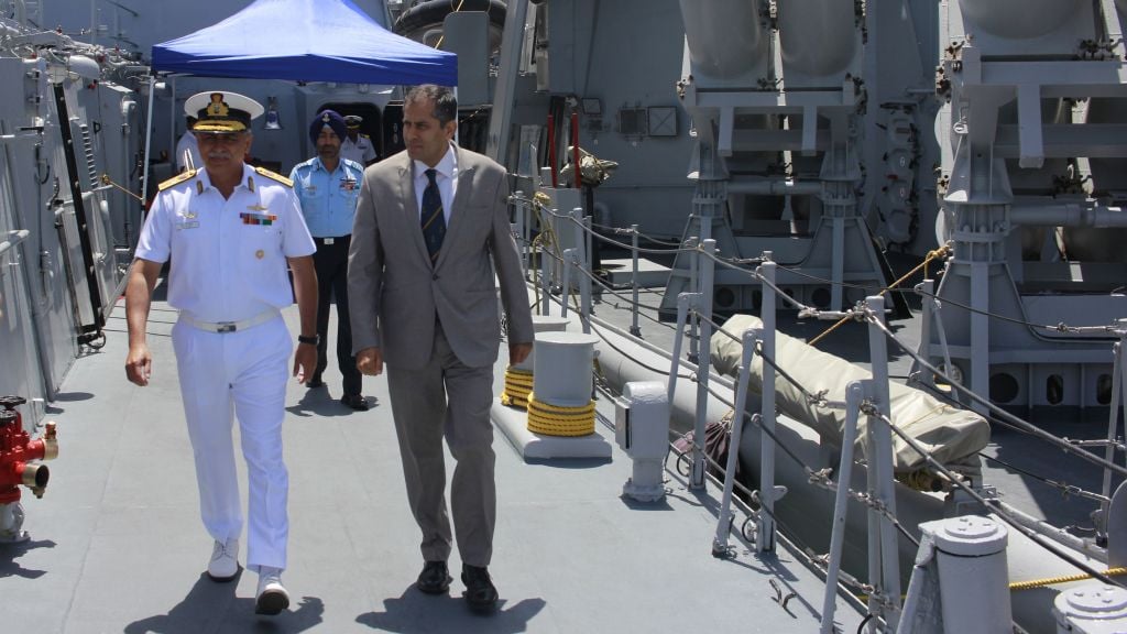 Indian Ambassador Pavan Kapoor and Rear Admiral RB Pandit walk the deck of the INS Trishul, docked in Haifa as part of an official visit by the Indian Navy on May 10, 2017. (Judah Ari Gross/Times of Israel) Indian Ambassador Pavan Kapoor and Rear Admiral RB Pandit walk the deck of the INS Trishul, docked in Haifa as part of an official visit by the Indian Navy on May 10, 2017. (Judah Ari Gross/Times of Israel)