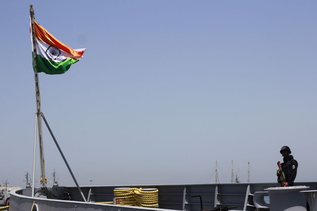 An Indian sailor stands guard aboard the INS Trishul, docked in the Haifa port for a visit, on May 10, 2017. (Judah Ari Gross/Times of Israel) An Indian sailor stands guard aboard the INS Trishul, docked in the Haifa port for a visit, on May 10, 2017. (Judah Ari Gross/Times of Israel)