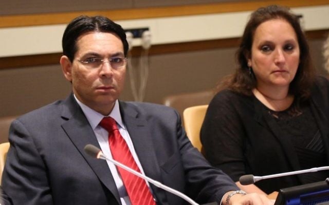 Israel's Ambassador to the UN Danny Danon and Ruth Schwartz, the mother of slain American student Ezra Schwartz, attend a forum at the United Nations in New York on May 24, 2017. (Israel's mission to the UN, courtesy) 