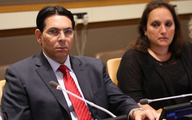 Israel's Ambassador to the UN Danny Danon with Ruth Schwartz at the UN on May 26, 2017 (Courtesy) Israel's Ambassador to the UN Danny Danon with Ruth Schwartz at the UN on May 26, 2017 (Courtesy)