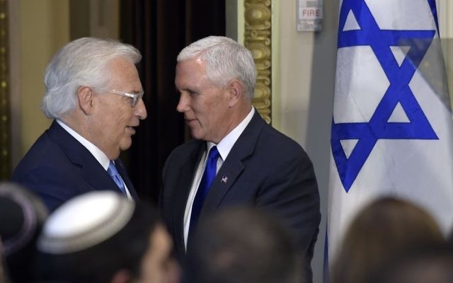 Vice President Mike Pence, right, is introduced to speak by US Ambassador to Israel David Friedman, left, in the Indian Treaty Room in the Eisenhower Executive Office Building on the White House complex in Washington, Tuesday, May 2, 2017, during a ceremony commemorating Israeli Independence Day. (AP/Susan Walsh) Vice President Mike Pence, right, is introduced to speak by US Ambassador to Israel David Friedman, left, in the Indian Treaty Room in the Eisenhower Executive Office Building on the White House complex in Washington, Tuesday, May 2, 2017, during a ceremony commemorating Israeli Independence Day. (AP/Susan Walsh)