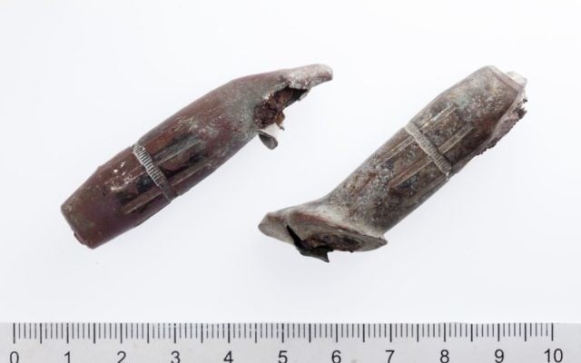 The Temple Mount Sifting Project uncovered these two 50-caliber projectiles, which were probably fired from a Browning heavy machine gun. The bullet tips are warped indicating that they hit a hard surface (Tal Rogovski)