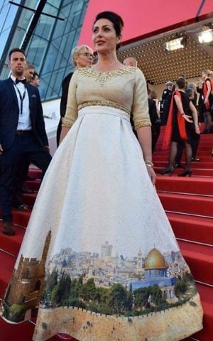 Miri Regev wears a Jerusalem dress on the red carpet at the opening of the film festival in Cannes, France, on Wednesday, May 17, 2017 (Eli Sabati)