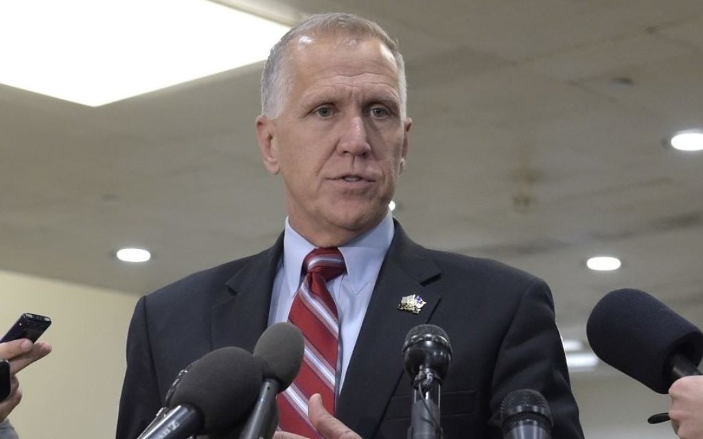 In this April 7, 2017 file photo, Sen. Thom Tillis, R-N.C., speaks to reporters on Capitol Hill in Washington. Tillis collapsed Wednesday, May 17, 2017, during Washington race, received CPR, as was taken away in ambulance. (AP Photo/Susan Walsh, File)