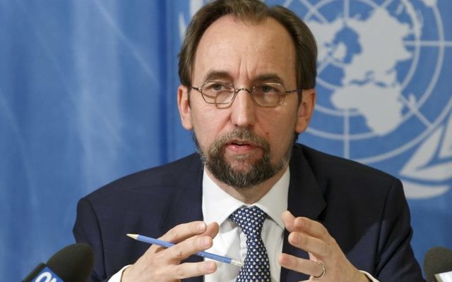 UN High Commissioner for Human Rights, Jordan's Zeid Ra'ad al Hussein, speaks to the media during a news conference at the European headquarters of the United Nations in Geneva, Switzerland, May 1, 2017. (Salvatore Di Nolfi/AP) UN High Commissioner for Human Rights, Jordan's Zeid Ra'ad al Hussein, speaks to the media during a news conference at the European headquarters of the United Nations in Geneva, Switzerland, May 1, 2017. (Salvatore Di Nolfi/AP)