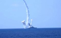 In this Friday, Aug. 19, 2016, file frame grab provided by the Russian Defense Ministry, long-range Kalibr cruise missiles are launched by a Russian Navy ship in the eastern Mediterranean.  (Russian Defense Ministry Press Service photo via AP, File)