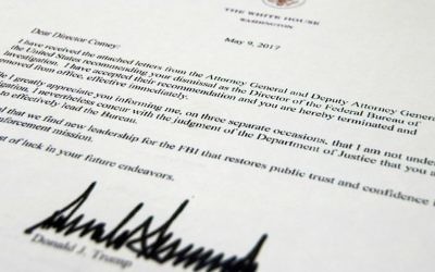 The termination letter from President Donald Trump to FBI Director James Comey is photographed in Washington, Tuesday, May 9, 2017. (AP Photo/Jon Elswick)