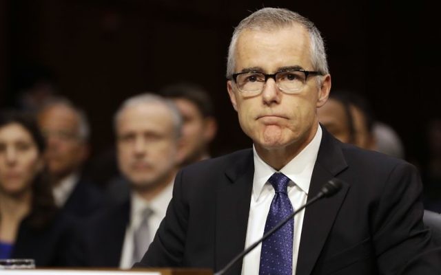 Acting FBI Director Andrew McCabe listens on Capitol Hill in Washington, May 11, 2017, while testifying before a Senate Intelligence Committee hearing on major threats facing the US. (AP/Jacquelyn Martin) Acting FBI Director Andrew McCabe listens on Capitol Hill in Washington, May 11, 2017, while testifying before a Senate Intelligence Committee hearing on major threats facing the US. (AP/Jacquelyn Martin)