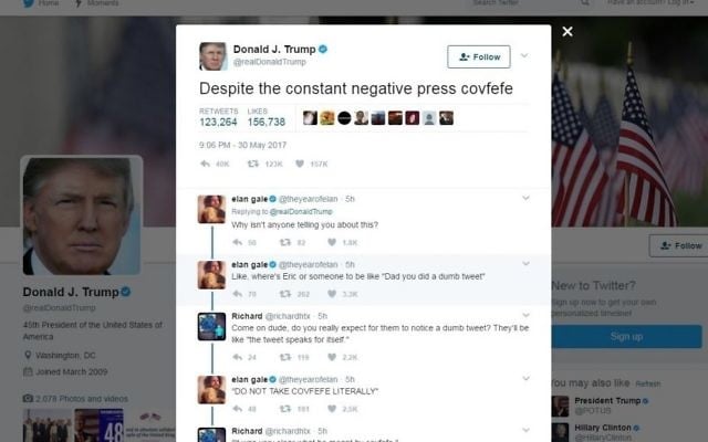 This screen grab shows a tweet from US President Donald Trump which has social media trying to find a meaning in the mysterious term “covfefe.” Trump posted the tweet just after midnight Eastern time on Wednesday, May 31, 2017. (Twitter via AP) This screen grab shows a tweet from US President Donald Trump which has social media trying to find a meaning in the mysterious term “covfefe.” Trump posted the tweet just after midnight Eastern time on Wednesday, May 31, 2017. (Twitter via AP)