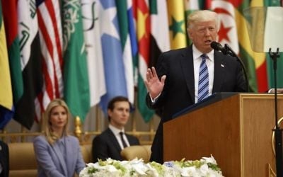 President Donald Trump delivers a speech to the Arab Islamic American Summit, at the King Abdulaziz Conference Center, Sunday, May 21, 2017, in Riyadh, Saudi Arabia. From left, White House Chief of Staff Reince Priebus, Ivanka Trump, White House senior adviser Jared Kushner. (AP/Evan Vucci)