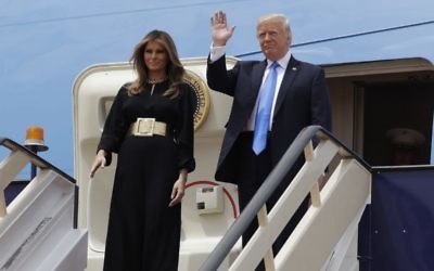 US President Donald Trump and First Lady Melania Trump arrive at the Royal Terminal of King Khalid International Airport, Saturday, May 20, 2017, in Riyadh. (AP Photo/Evan Vucci)