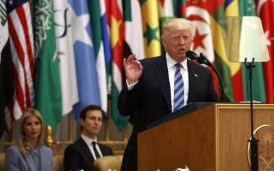 US President Donald Trump delivers a speech to the Arab Islamic American Summit, at the King Abdulaziz Conference Center, Sunday, May 21, 2017, in Riyadh, Saudi Arabia. (AP Photo/Evan Vucci)