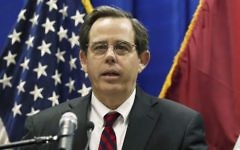 Acting assistant secretary for the US State Department Bureau of Near Eastern Affairs Stuart Jones speaks at a news conference at the US Embassy in the heavily fortified Green Zone in Baghdad, Iraq, October 1, 2015. (AP/Khalid Mohammed)