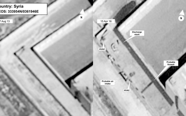 This image provided by the State Department and DigitalGlobe, taken Aug. 27, 2013, left, and April 16, 2015, satellite images of what the State Department described as a building in a prison complex in Syria that was modified to support a crematorium. (State Department/DigitalGlobe via AP)