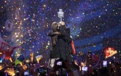 Salvador Sobral from Portugal, right, embraces his sister Luisa after performing the song "Amar pelos dois" following his win in the Final of the Eurovision Song Contest, in Kiev, Ukraine, Saturday, May 13, 2017. (AP/Efrem Lukatsky)